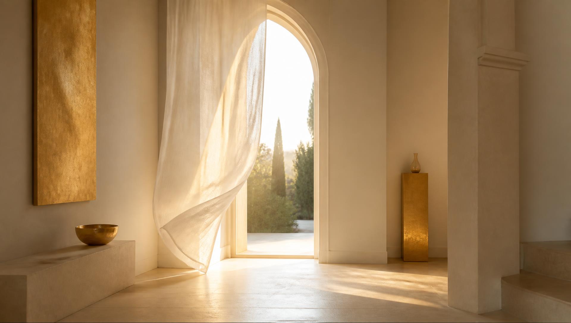 Le seuil de La Maison, une tenture d'ivoire soulevée par le vent devant la lumière du matin